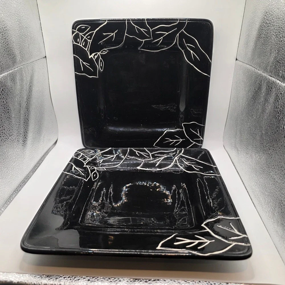 Laurie Gates Anna Square Dinner Plates Black White Leaf Set of 2 Ceramic 11 inch